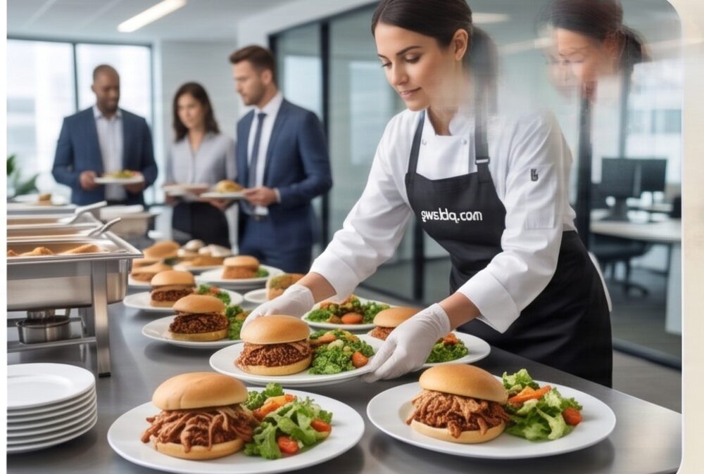 GW's BBQ chef serving pulled-pork plates at a corporate office lunch