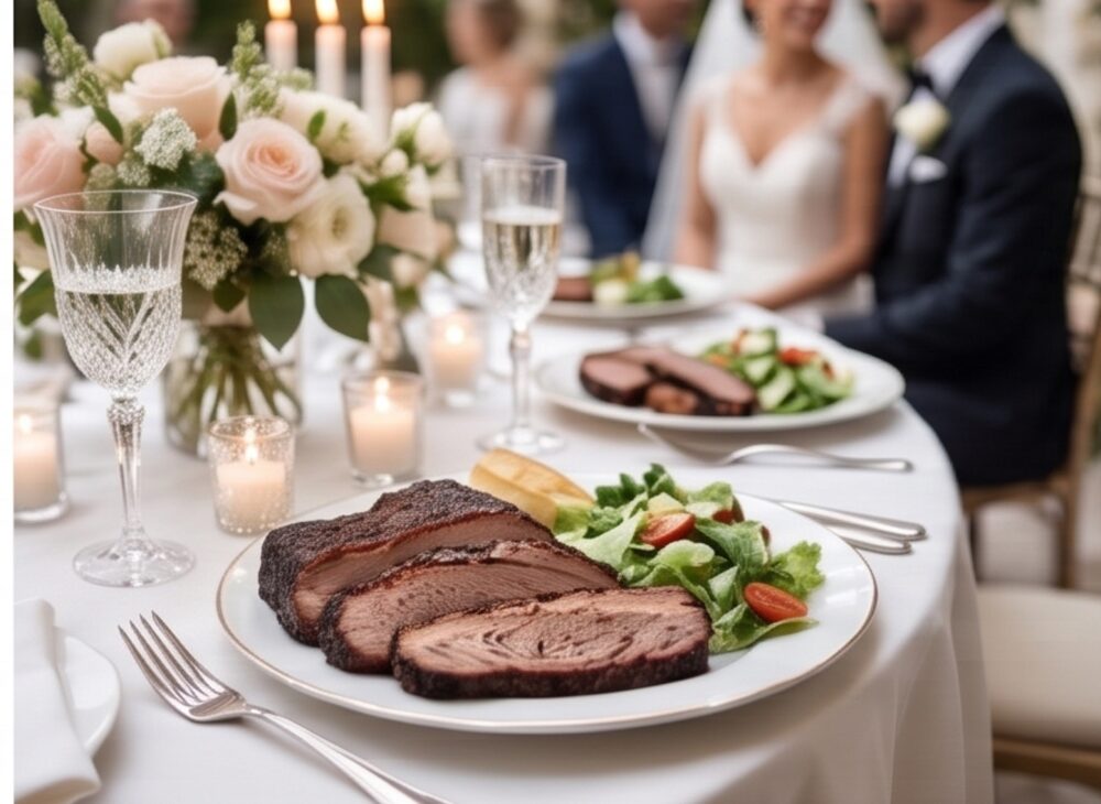 Plated brisket and salad at an elegant wedding reception catered by GW's BBQ