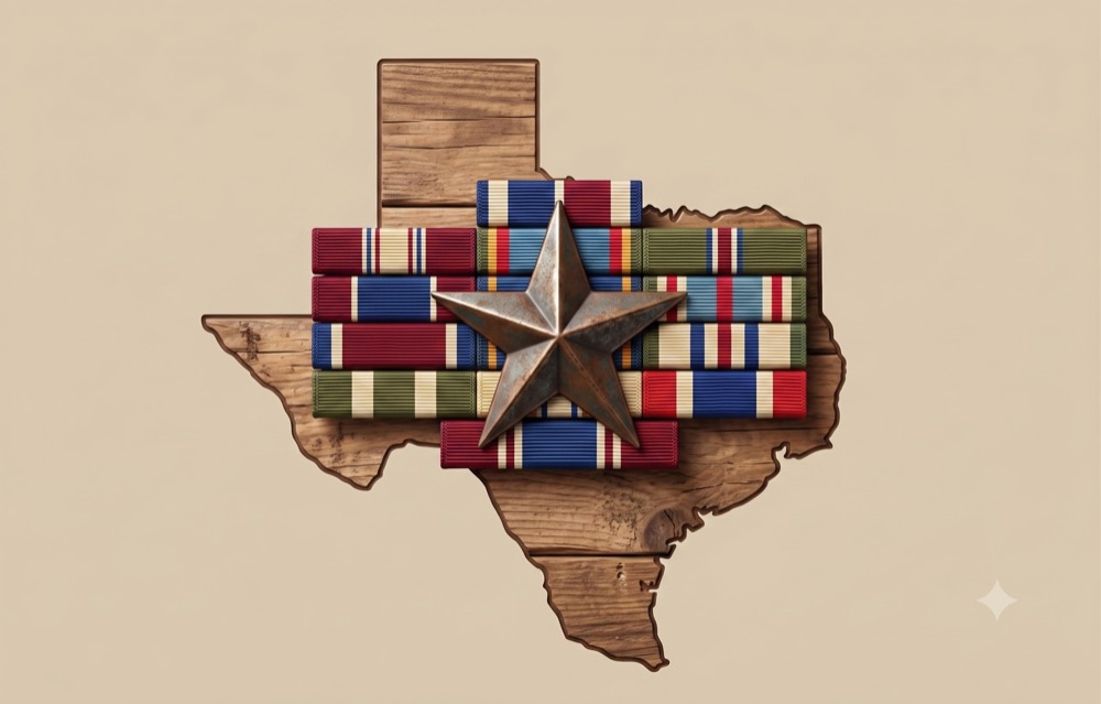 Texas star and military service ribbons over a wooden Texas map